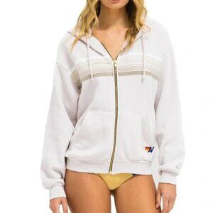 Aviator Nation 5 Stripe Zip Hoodie Cream Tan Beige